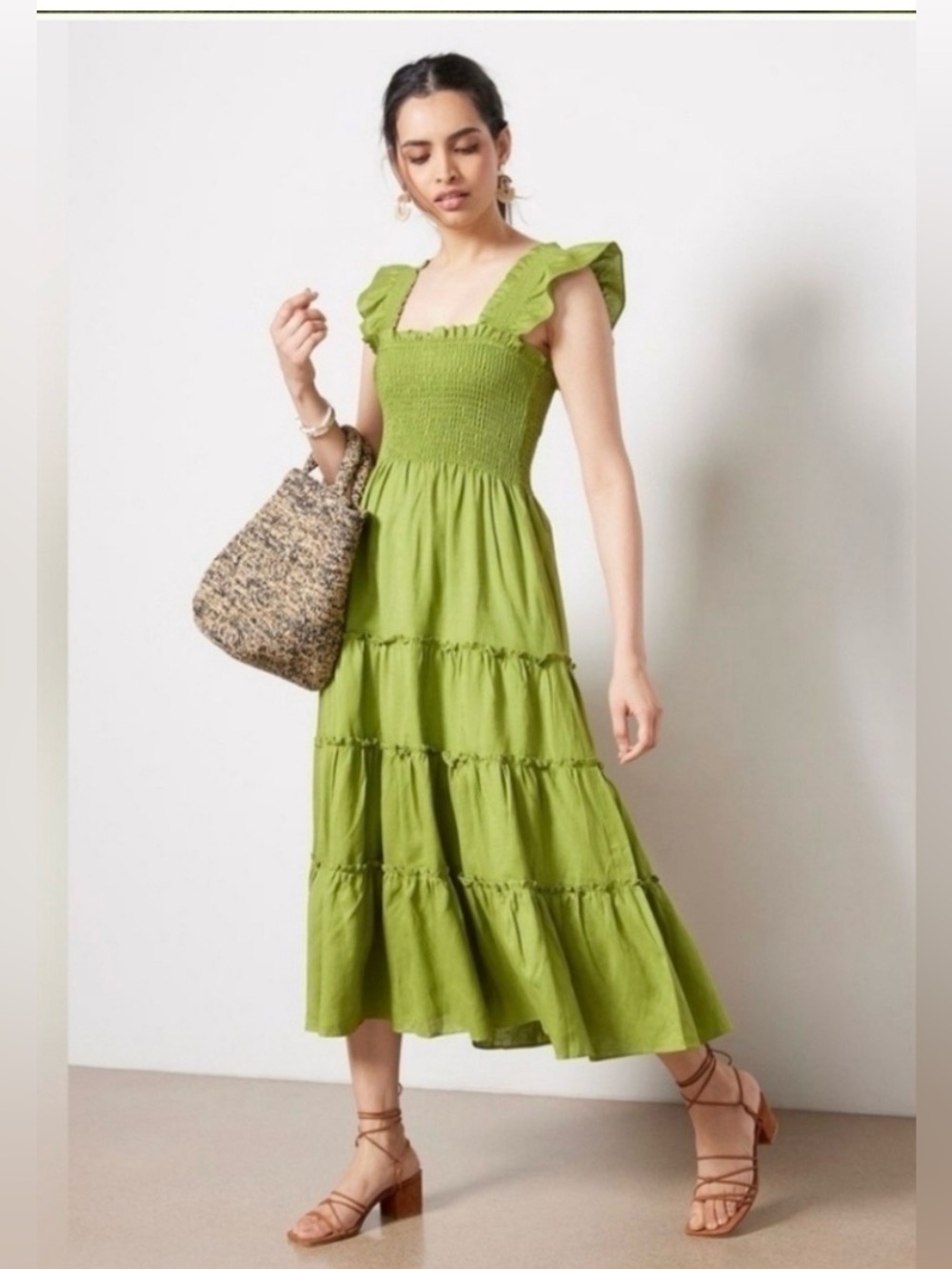 O.P.T. Calypso green tiered ruffle smocked linen blend dress women’s XS